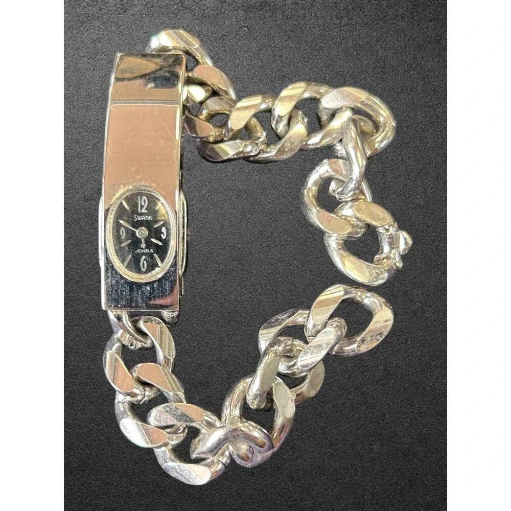 Vintage SWANK JEWELS Stainless Steel Bracelet Watch Black Dial For Parts